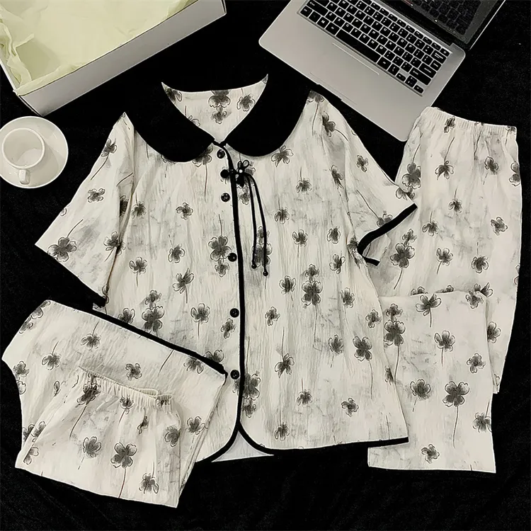 三件套|水墨画|大码韩版新款睡衣甜美大码家居服胖mm可外出穿套装