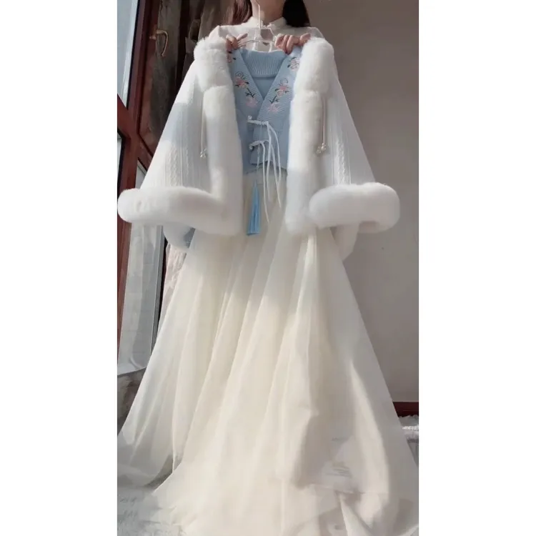 秋冬季优质首发设计款厚版毛毛披肩新中式仙女裙套装裙连衣裙仙气