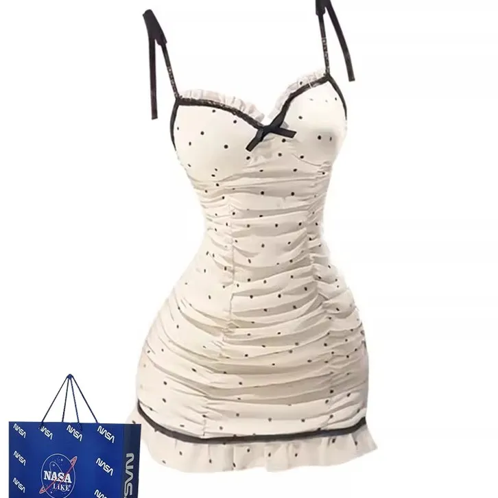 法式纯欲风辣妹蝴蝶结波点蕾丝吊带连衣裙女夏季收腰显瘦包臀短裙