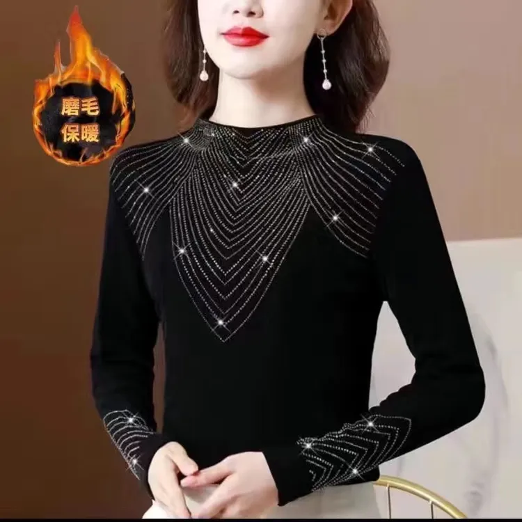 秋冬新款浪琴双款时尚烫钻上衣修身显瘦女长袖打底衫