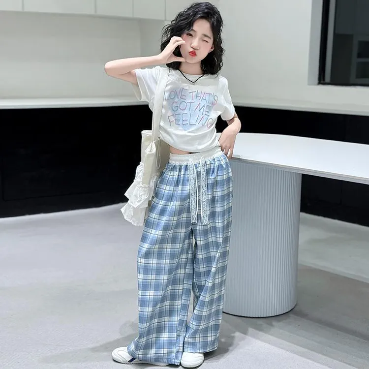女童夏季短袖套装2025新款独特超好看中大童韩版时髦格子阔腿裤潮