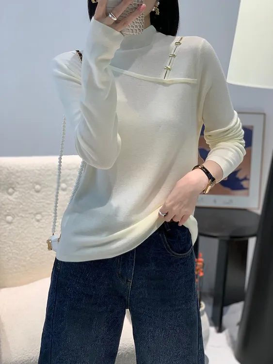 设计感金属扣半高领针织打底衫女秋新款气质显瘦百搭超毛衣G7-17