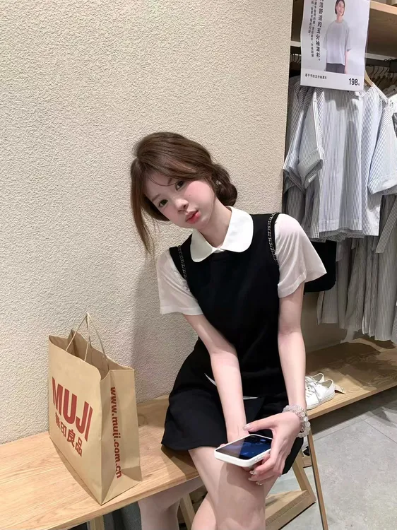 2025夏季新款韩系白色娃娃领短袖衬衫黑色马甲背心半身裙三件套装