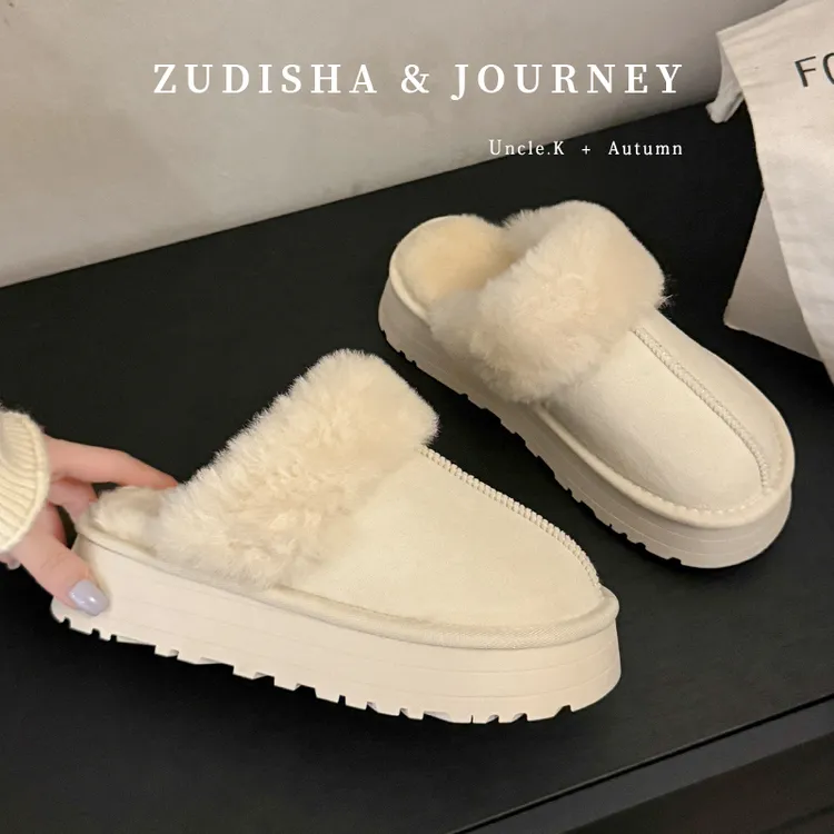 雪地靴半拖2025秋季新款厚底防滑毛毛鞋女外穿加绒加厚保暖棉鞋女