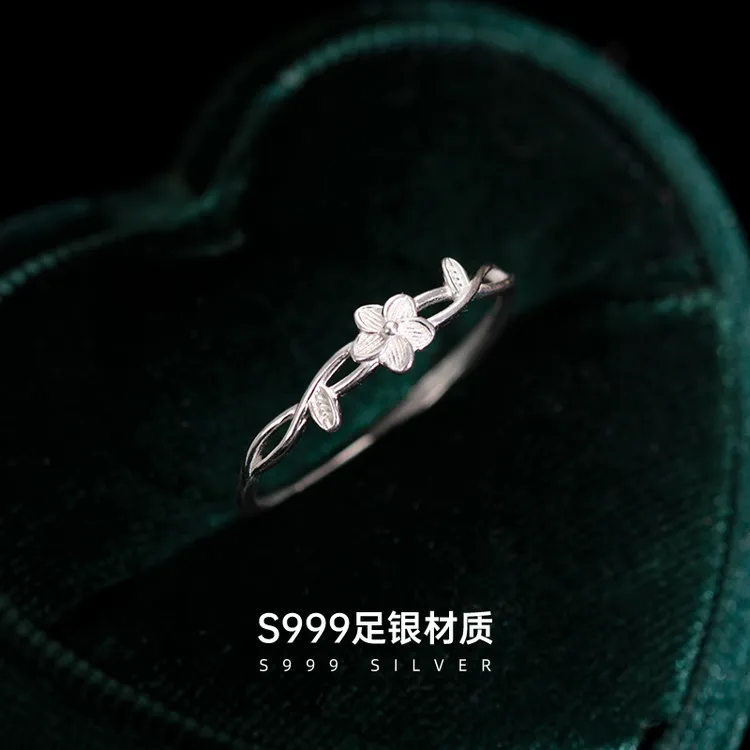 金美澳 足银戒指 花朵999纯银开口指环轻奢小众高级感食指戒女款