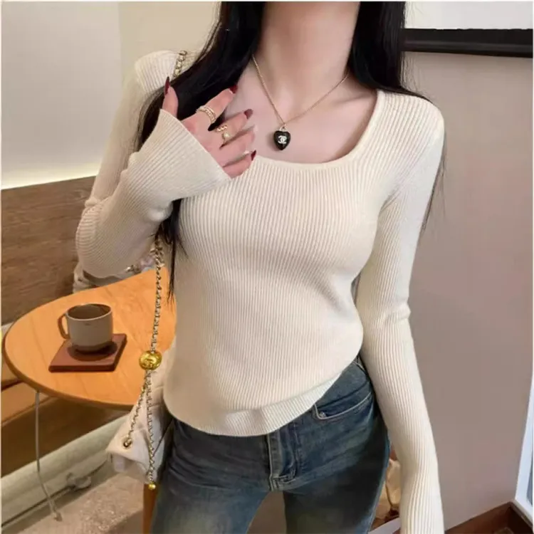KANING针织打底衫毛衣女2025秋冬新款修身内搭方领长袖短款女上衣