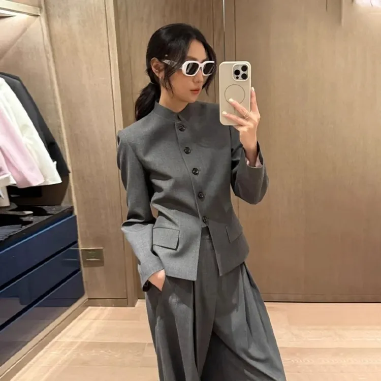 国风中山装休闲西装套装女秋季高档正式场合穿搭气质外套阔腿西裤
