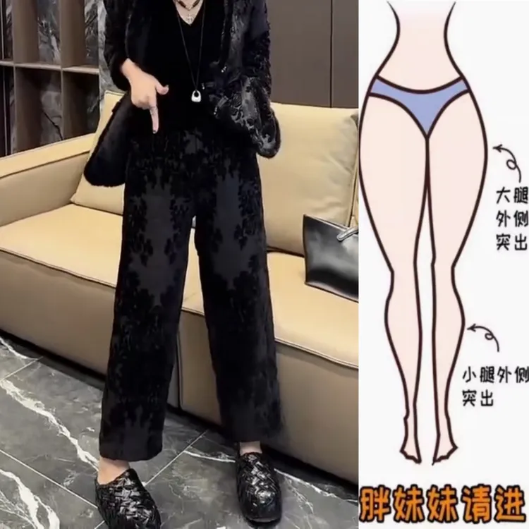 复古气质印花休闲裤2025年冬季新款厚款高腰显瘦九分直筒裤