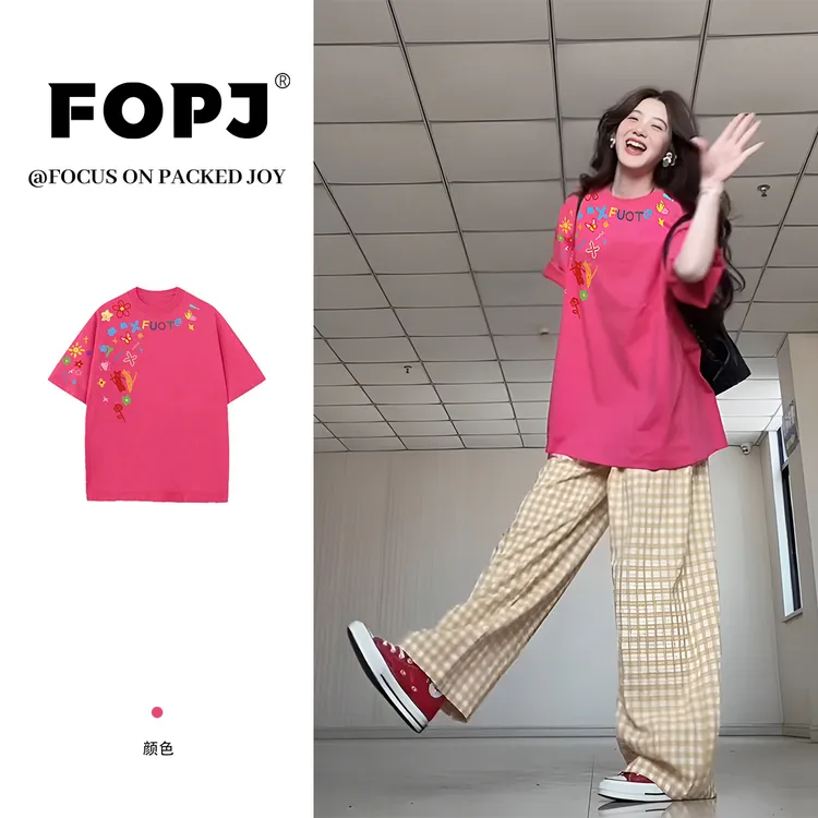 FOPJ夏季纯棉圆领短袖女t恤韩版时尚印花小众设计感宽松休闲上衣