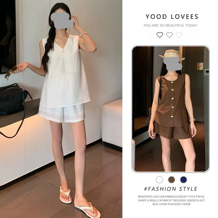 设计感时尚套装女慵懒随性纽扣设计背心上衣休闲短裤夏搭配一整套