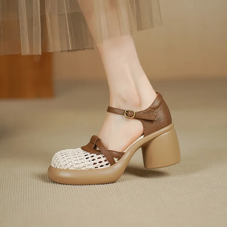 7厘米法式复古羊皮编织凉鞋女厚底防水台软底百搭休闲舒适鞋子