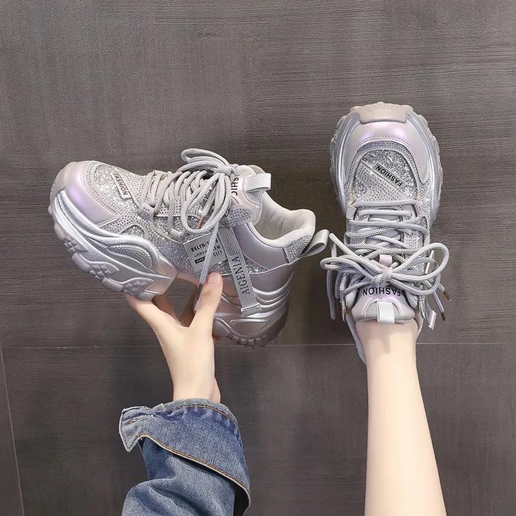【2-高帮】网红爆款时尚亮钻加绒老爹鞋女冬款厚底百搭休闲运动鞋子