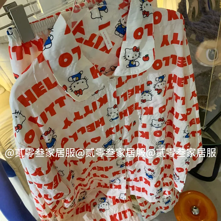 HelloKitty小众学院风卡通睡衣女甜美透气春秋季家居服套装可外穿