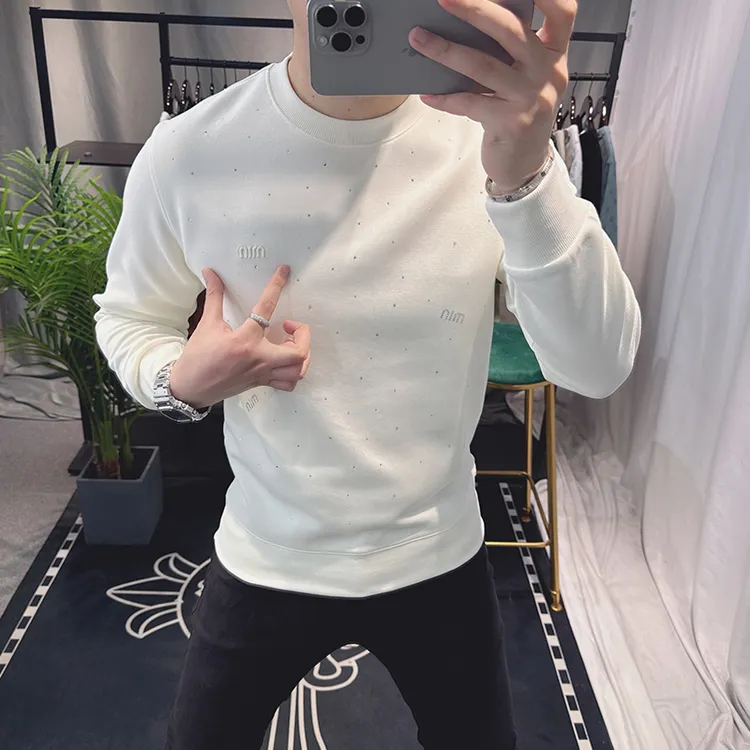 欧洲站高端卫衣男春秋款2025新款烫钻潮牌长袖男士上衣圆领刺绣帅