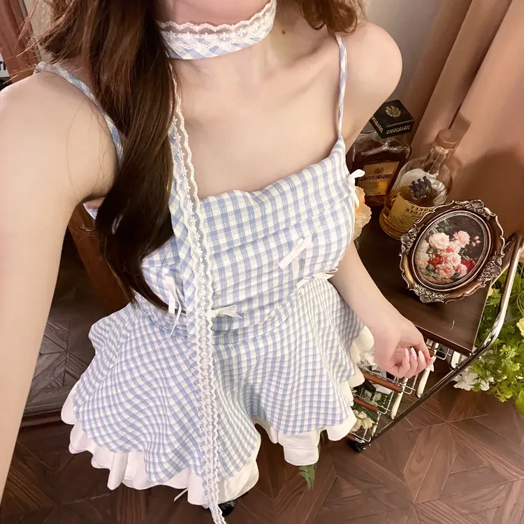【蓝樱奶昔】新款甜美蓝格子拼接上衣抹胸夏日女款连衣裙蛋糕裙
