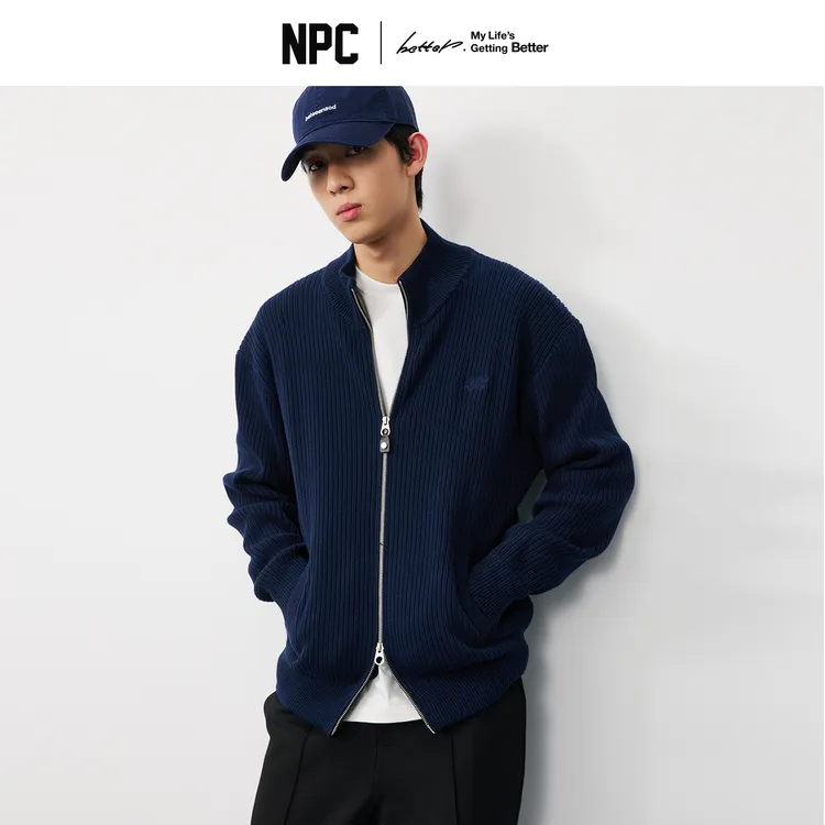 潮牌100%棉藏青色半高领双头拉链针织开衫男百搭上新NP57SW35