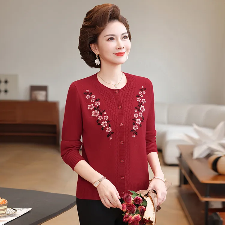 新款绣花开衫100%纯羊毛衫中老年秋冬时尚新款时尚针织毛衣6535