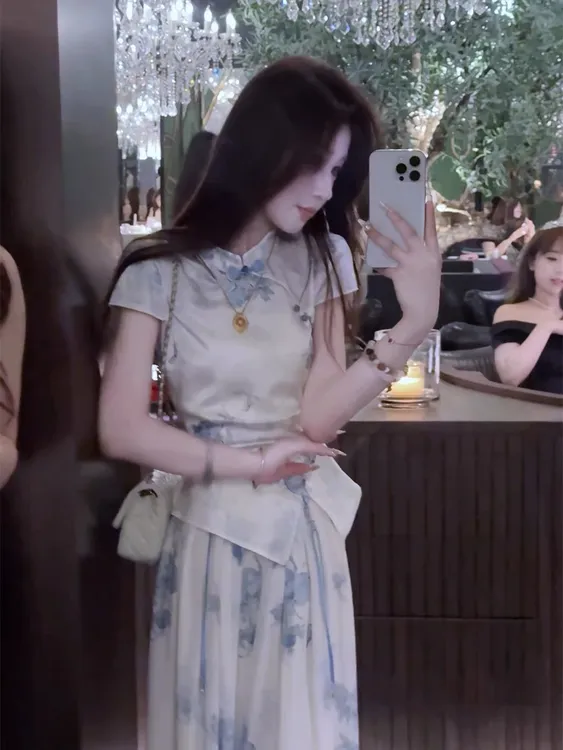 夏季修身显瘦高级感新中式国风复古印花上衣+阔腿长裤两件套装女