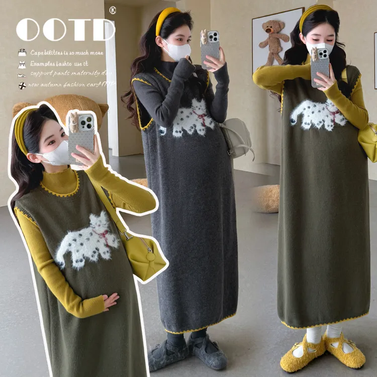 孕妇套装2025秋冬新款韩版刺绣卡通小熊毛衣背心裙打底外穿孕妇装