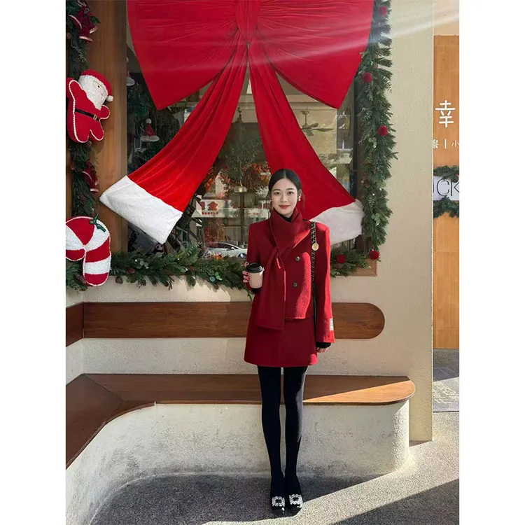 轻奢极简风红色毛呢套装女冬季高端小香风双排扣外套半身裙两件套