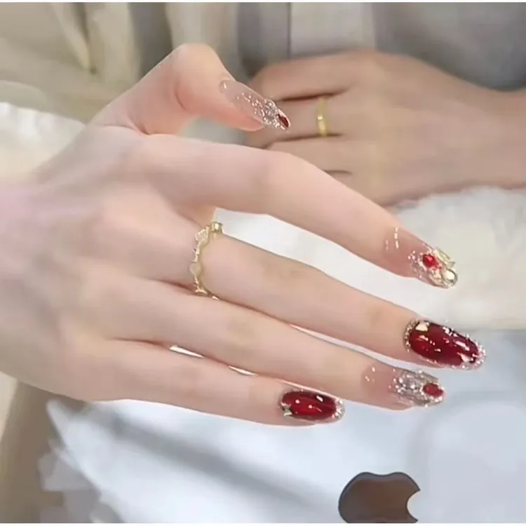 【新年红】秋冬红色猫眼温柔显白法式红宝石纯手工穿戴甲仙女风美甲