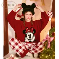 Gukoo果壳冬季红色新年睡衣迪士尼米奇联名雪尼尔保暖家居服套装