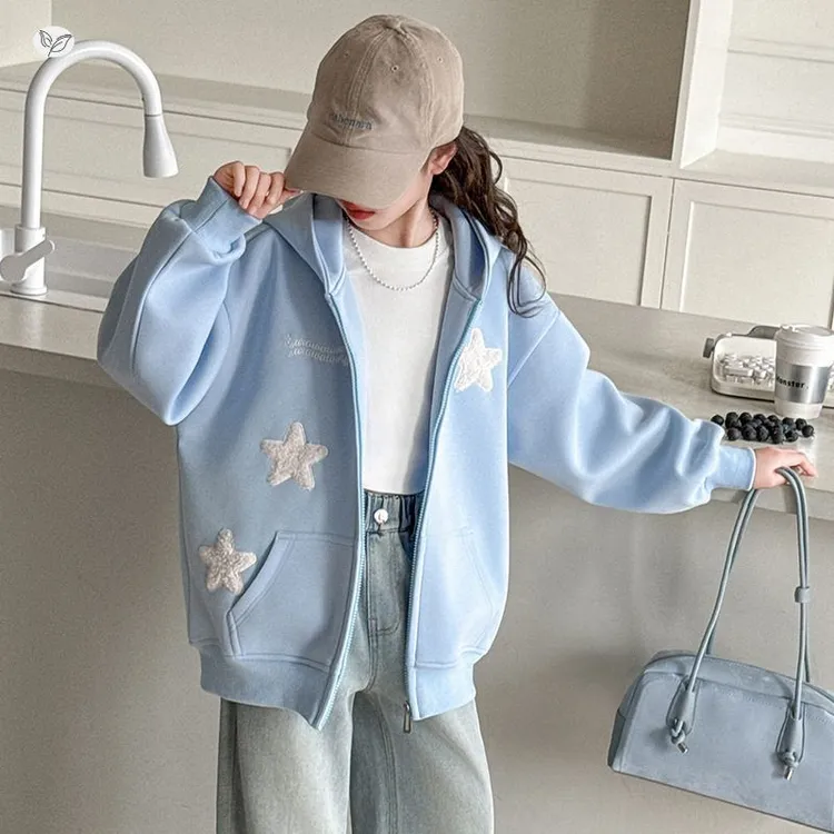 女童外套春秋季2025新款休闲刺绣连帽卫衣中大童洋气拉链衫儿童