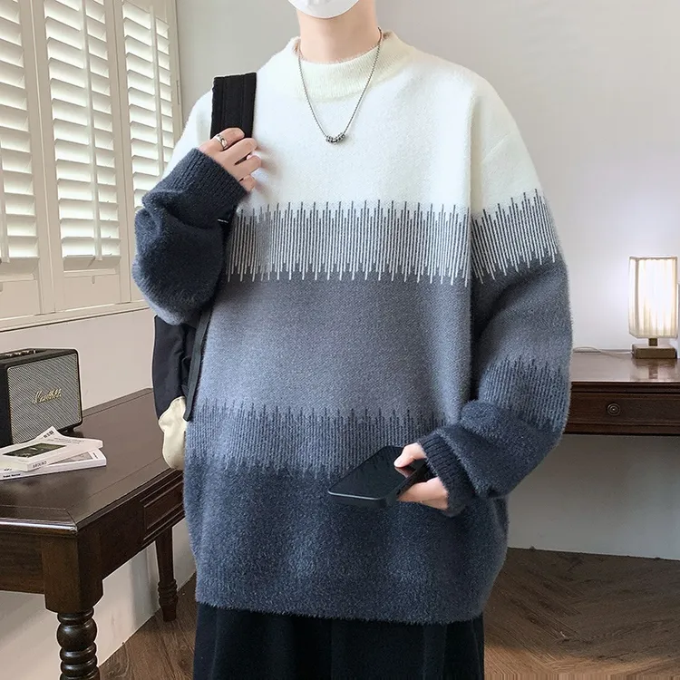 青少年大童毛衣男一体绒加绒加厚保暖潮冬季学生半高领针织打底衫