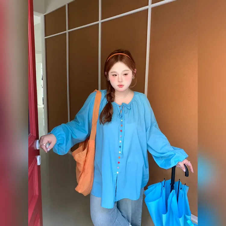 徐达布【甜沁半夏】大码长袖衬衫女微胖蓝色高级衬衣C36320C52