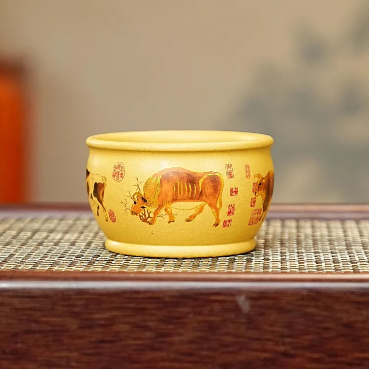 宜兴紫砂茶具 原矿段泥泥料手工手绘五牛主人杯品茗杯 A431