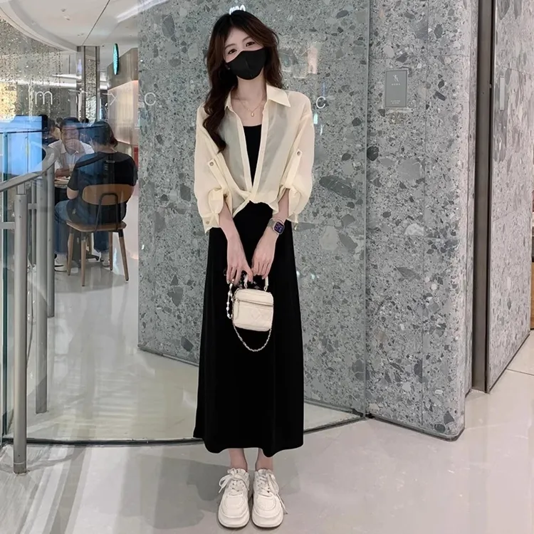 女装时尚连衣裙套装夏季新款洋气显瘦衬衫吊带裙小香风气质两件套