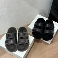 秋冬氛围~懒人双扣带外出厚底毛毛拖鞋秋冬羊羔毛休闲露趾一字拖