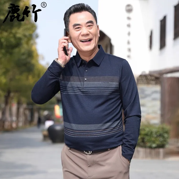 2025春秋季新款爸爸装长袖t恤中老年人男士薄款休闲打底衫上衣服