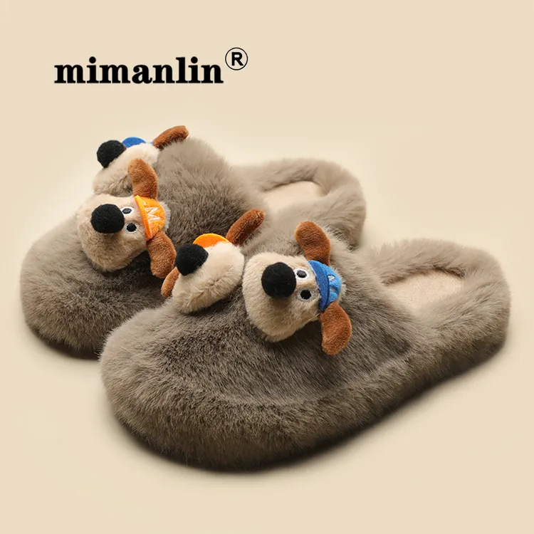 狗狗加绒毛毛拖鞋女秋冬外穿可爱平底保暖防滑室内居家包头棉拖鞋