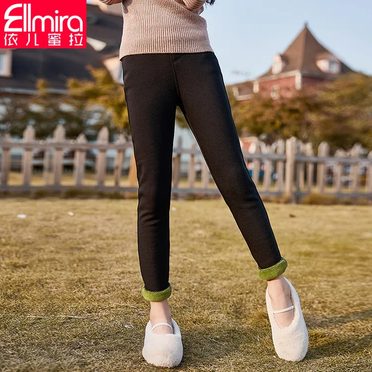 【大童】2319女童加绒裤子黑色紧身小脚裤牛油果冬季打底加厚