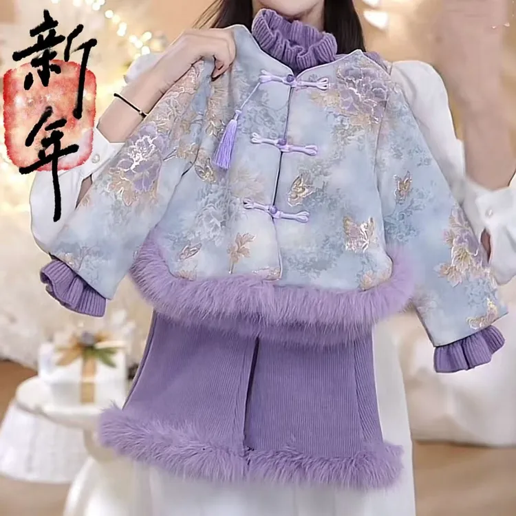 女童冬季加绒外套新款儿童中国风唐装上衣宝宝冬装加厚衣服潮