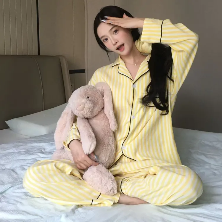 日系简约纯色条纹衣睡衣女秋季爆款开衫长袖长裤可外穿家居服套装