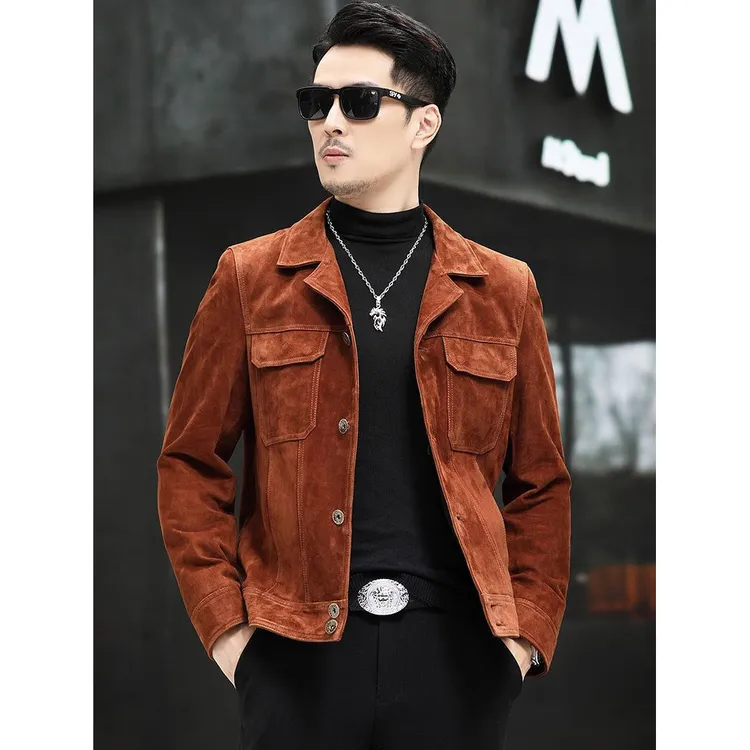 新款男士皮衣山羊皮翻领短款皮夹克秋季青年潮流休闲单排扣皮外套