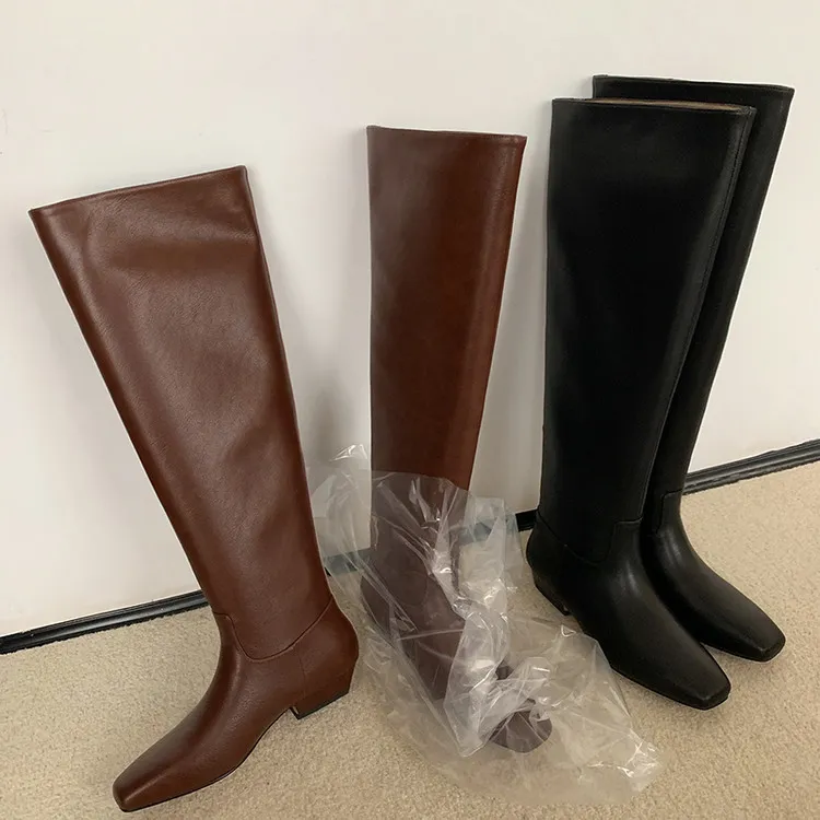 【奢品】法式真皮3cm跟平底方头显腿显腿直及膝长靴百搭高筒骑士靴