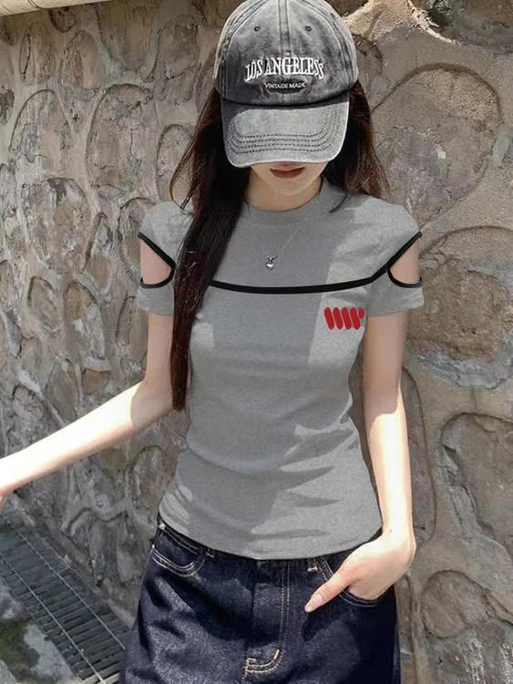 圆领t恤女修身露肩短袖2025夏季拼色美式百搭小众打底衫短款洋气