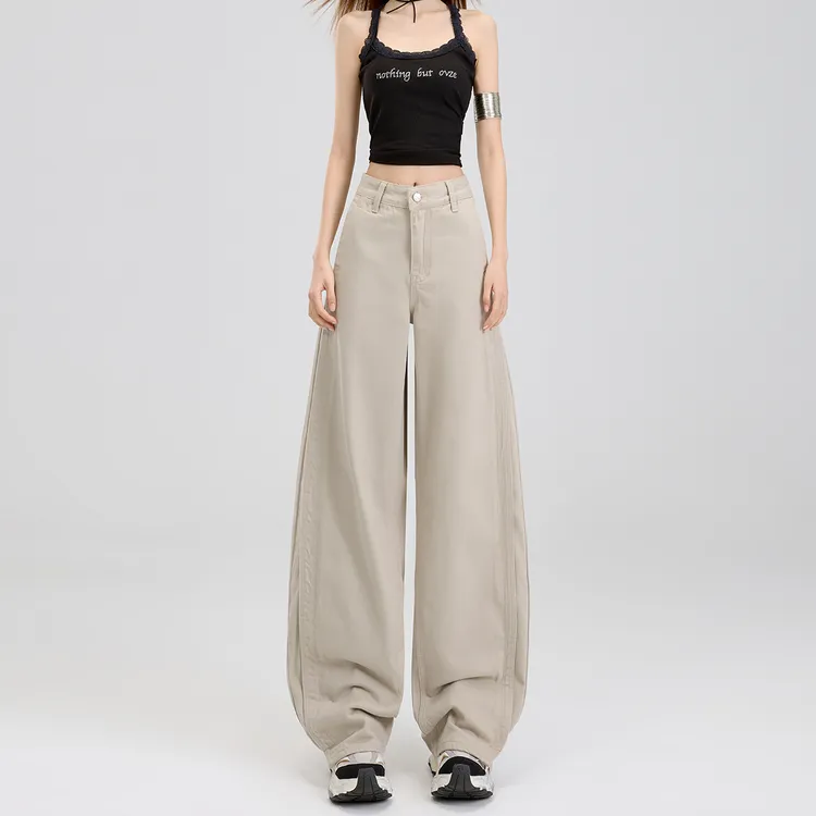 莫兰迪灰高腰弯刀牛仔裤女2025春夏新款美式高街宽松垂感阔腿裤潮