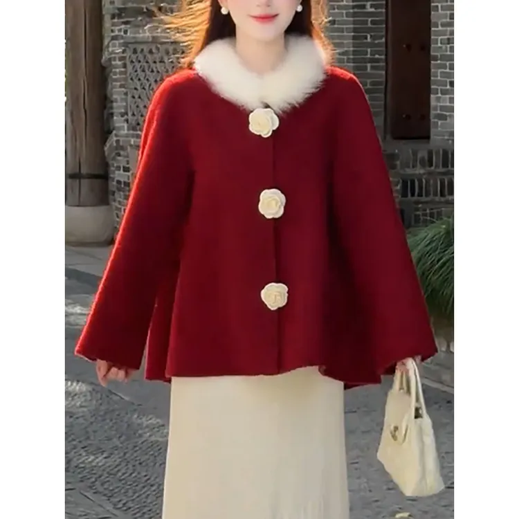 高级感气质千金风红色大衣女装2025冬季新款时尚优雅宽松毛呢外套