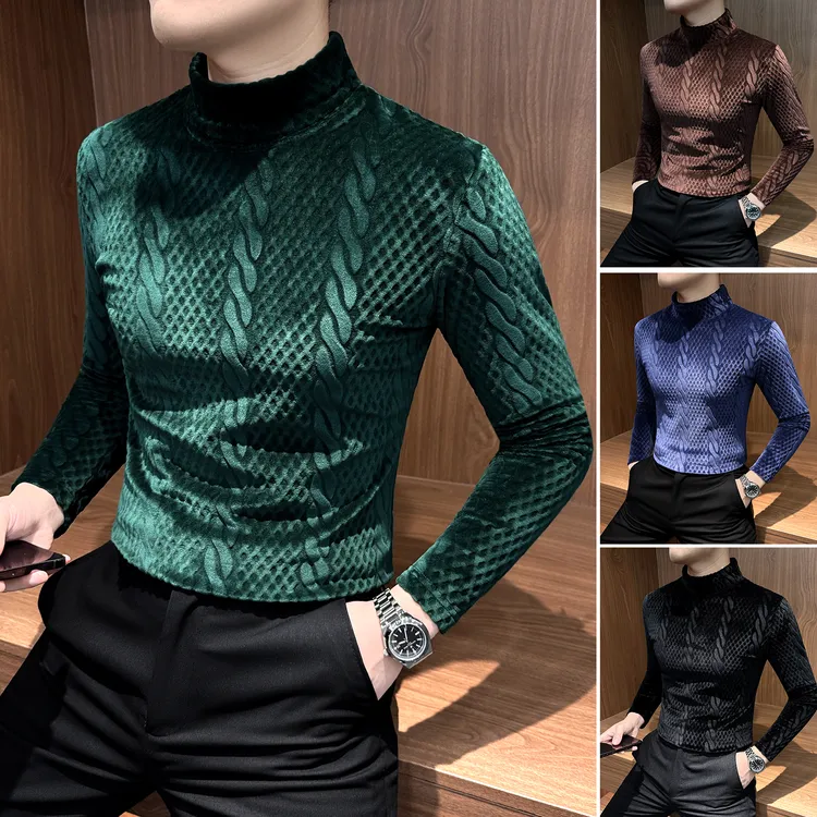 双面绒半高领男士内搭打底衫秋冬季保暖厚款痞帅提花男款长袖T恤