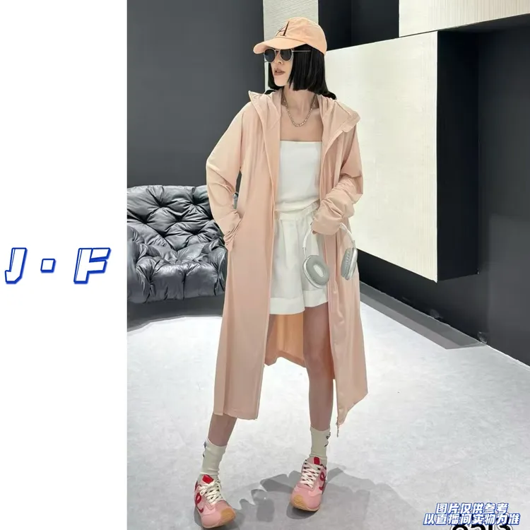 JF定制大码女装8513夏季纯色长款防晒连帽外套（帽檐可拆卸）