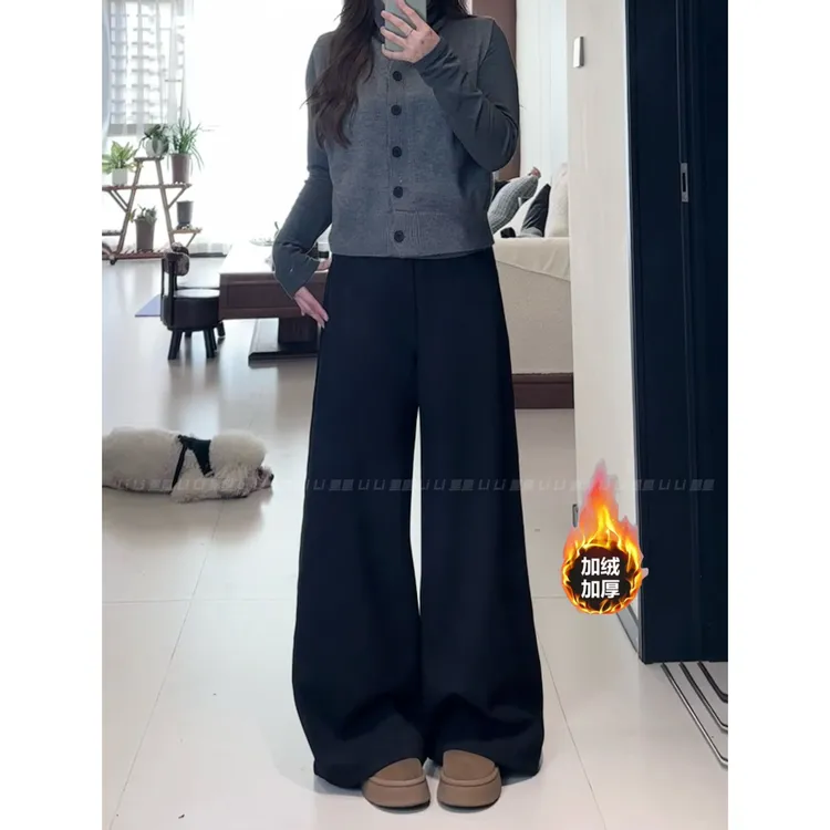 胖MM高级感弯刀西裤加绒百搭高腰显瘦阔腿裤休闲长裤子女装拖地裤