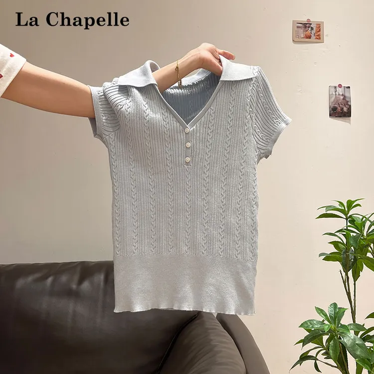 拉夏贝尔学院风v领纽扣针织短袖t恤女夏季薄款坑条修身显瘦小上衣