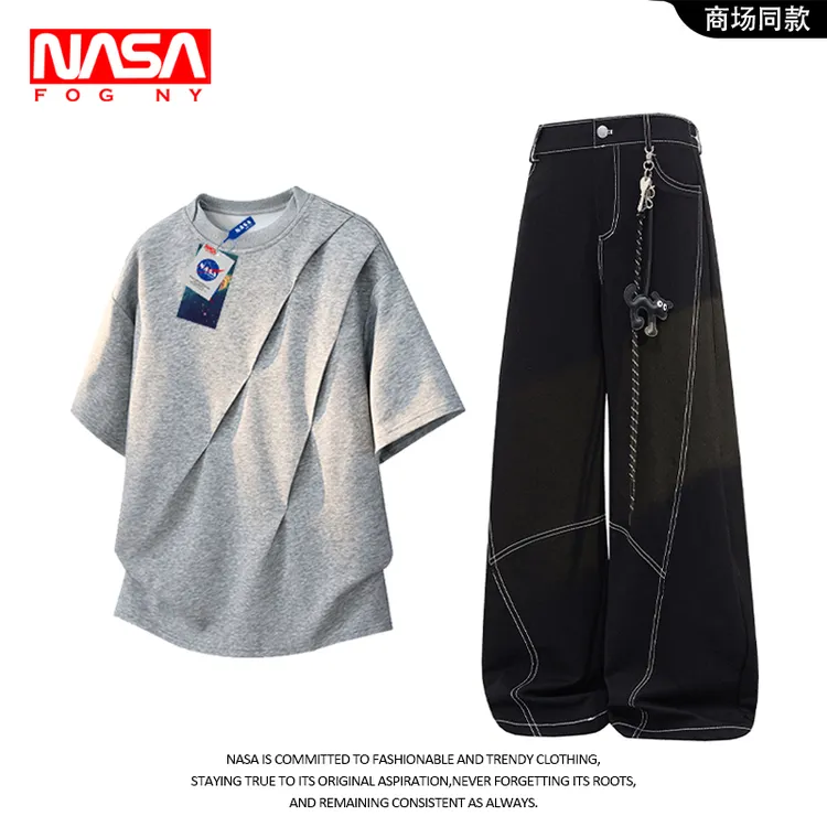 NASA夏季时尚个性褶皱短袖T恤男士潮帅气宽松直筒百搭休闲裤套装