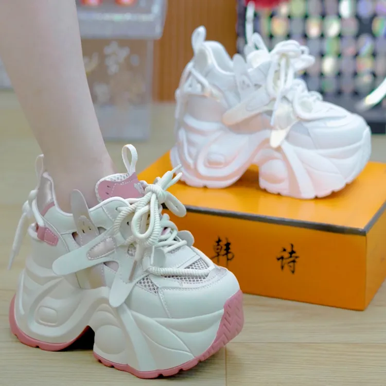 9cm小个子镂空透气厚底老爹鞋女2025夏季系带百搭增高休闲运动鞋