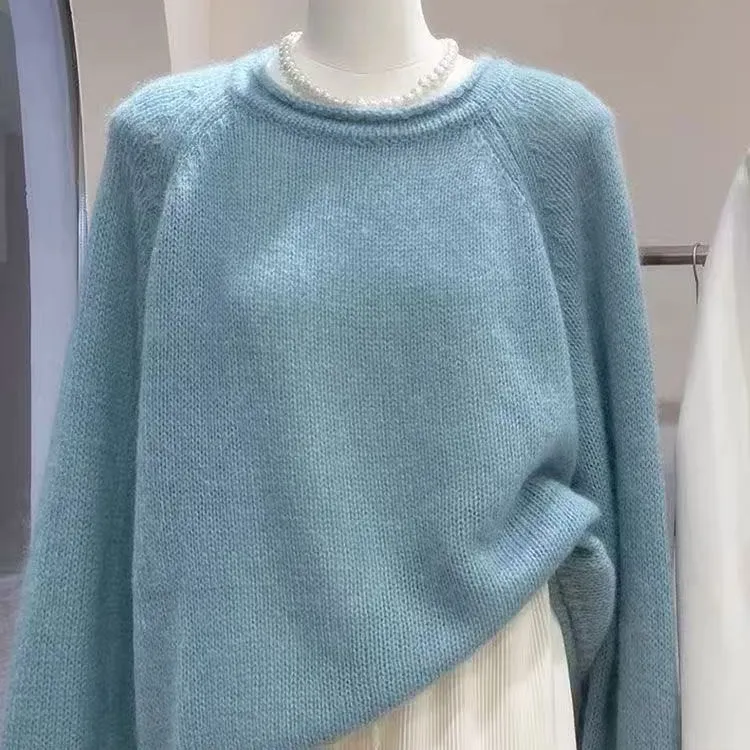 秋冬新款100%纯羊毛 圆领加厚不针织羊毛衫女宽松时尚针织衫