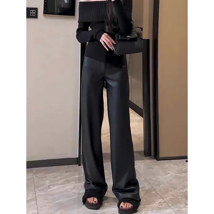 窄版阔腿PU皮裤女秋冬加绒保暖高腰显瘦拖地长裤高级感休闲直筒裤